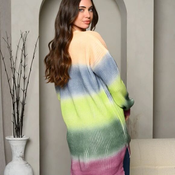 NEW! Women's Long Sleeve Color Block Ombre Long Button Cardigan Sweater Boho - Picture 3 of 4